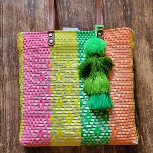 Colorful Neon Woven Tote w/leather  handle/strap